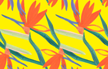 Fototapeta na wymiar summer tropical seamless pattern with orange Strelitzia royal flower on yellow background drawn in gouache for prints and design