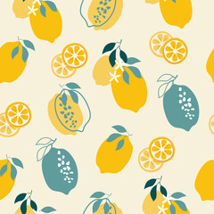 A seamless pattern of yellow lemons with branches, flowers and leaves on a light background. Abstract fruits for textiles, wallpaper, posters. Vector graphics.