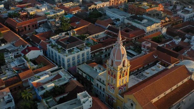 Beauty Drone footage Santa Catalina de Alejandría Cathedral at Cartagena de Indias, Colombia sunrise