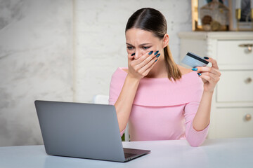 Nervous horrified confused young woman, stressed worried lady having problem with paying, buying...