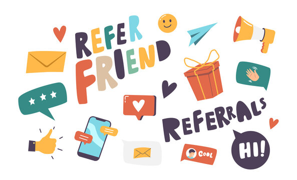 Set of Icons Refer Friend Theme. Paper Airplane, Envelope, Thumb Up, and Wrapped Gift Box with Smartphone, Loudspeaker
