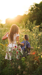 Children boy and girl going in a beautiful flowers field on sunny summer day in casual clothes. Contour light
