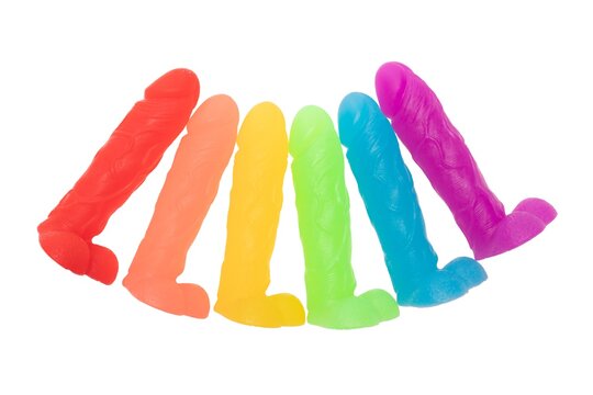 Row of soap dildos in rainbow colors