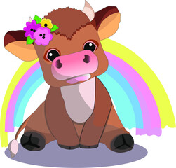 Little bull with rainbow on a white background.Vector ilustration.