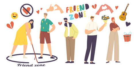 Friend Zone Concept. Male Characters Fall in Love Trying to Attract Girls. Woman Drawing Circle with Man Stand Inside