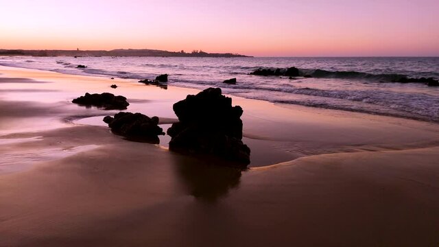 Sunset at Trengandin Beach in the Cantabrian Sea. Noja, Marismas de Santo&ntilde;a, Victoria y Joyel Natural Park, Cantabria, Spain, Europe