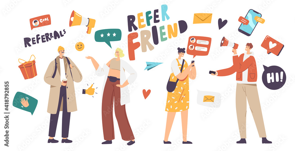 Poster referral program business concept. salesman character shouting to megaphone attracting audience to r
