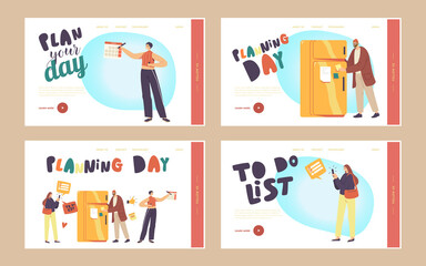 Scheduling, Planning Day, To Do List Filling Landing Page Template Set. Characters Fill Checklist on Refrigerator