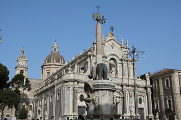 Fototapeta na wymiar Elephant Fountain and Sant’Agata Cathedral in Catania, Sicily Italy