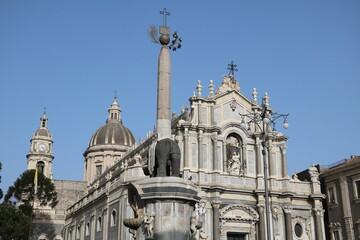 Fototapeta na wymiar Cathedral Sant’Agata and Elephant Fountain in Catania, Sicily Italy