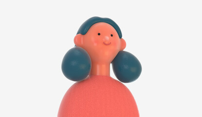 3D Bright people portrait - 3D render design concept illustration of a plastuc doll of a young woman, face and shoulders avatar. User picture volumetric icon