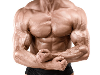 Muscular bodybuilder with a naked torso in perfect athletic form. Shows maximum muscularity....