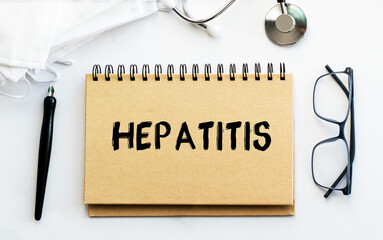 Inscription - HEPATITIS. Written in a notepad to remind you of what's important. Top view of the...
