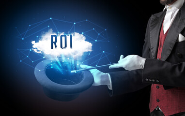 Magician is showing magic trick with ROI abbreviation, modern tech concept