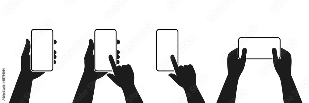 Poster human hand holding smartphone set icon. touching smartphone display. phone holding flat icon sign. h