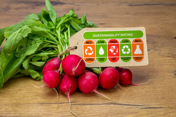 Sustainability Rating label on radishes with high, med and low ratings for food carbon footprint, water use, land use, packaging waste and chemical waste label. Consumer environmental rating label.