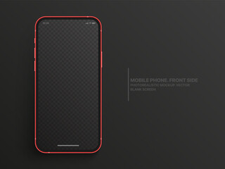 Photo Realistic Mobile Phone IPhone Vector Mockup With Blank Screen Isolated On Dark Gray Background. Photorealistic Smartphone IPhone 12 Template Concept For App UI UX Graphic Design Presentation