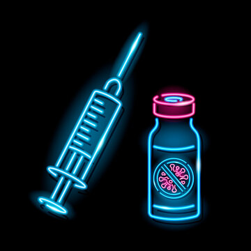Neon syringe and covid-19 vaccine vial icons isolated on black background. Vaccination, coronavirus pandemic, treatment concept. Night signboard style. Vector 10 EPS illustration.