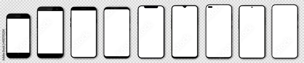 Poster Set high quality realistic trendy different black models smartphone with white empty touch screen and shadow front view. Detailed mockup smartphone, model 3D mobile phone, app, ui, ux, front view.