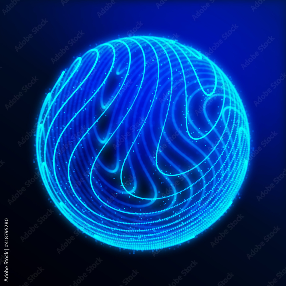 Poster abstract 3d sphere. sphere with twist lines. glowing lines twisting logo design. outer space object.