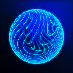 Abstract 3d sphere. Sphere with twist lines. Glowing lines twisting Logo design. Outer space object. Futuristic technology style. Sphere particles. 3d rendering.