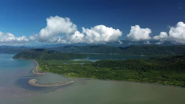 Costa Rica Golfito bay and zancudo river mouth aerial view sunny afternoon 