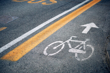 Bicycle lane road traffic sign made on the road lane