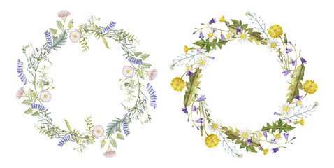 Vintage wildflowers wreaths. Set of  two wildflower wreaths for wedding and designs. Hand drawn round frames with field flowers and herbs. 