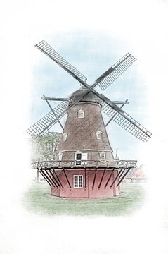 Hand drawn old wooden mill