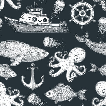 Nautical seamless pattern. Boat, whale, octopus, anchor, jelly fish, steering wheel, fish sketch illustration. Hand drawn illustration. Sea set. Vintage background. © DiViArts