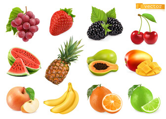 Grapes, strawberry, blackberry, cherry, watermelon, pineapple, papaya, mango, apple, banana, orange, lime. 3d realistic vector objects