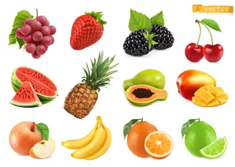 Fotobehang Grapes, strawberry, blackberry, cherry, watermelon, pineapple, papaya, mango, apple, banana, orange, lime. 3d realistic vector objects © Natis