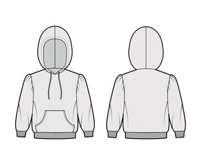 Hoody sweatshirt technical fashion illustration with elbow sleeves, relax body, kangaroo pouch, knit rib cuff, banded hem, drawstring. Flat template front, back, grey color. Women, men, unisex mockup