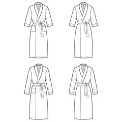 Set of Bathrobes Dressing gown technical fashion illustration with wrap opening, knee length, oversized, tie, pocket, elbow long sleeves. Flat front, white color style. Women, men, unisex CAD mockup