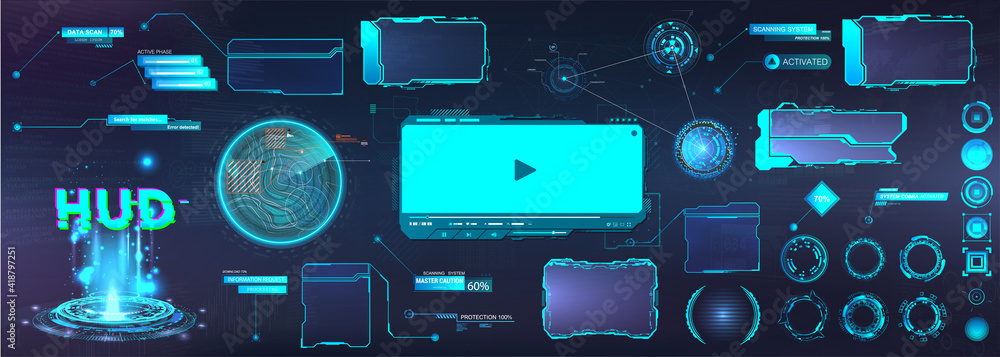 Poster Sci-fi HUD UI elements for business Mobile App. Futuristic User Interface UI, UX, HUD. Virtual graphic touch Head Up Display. Digital box - Frame screens, Circle, Holograms, Callouts titles. Vector