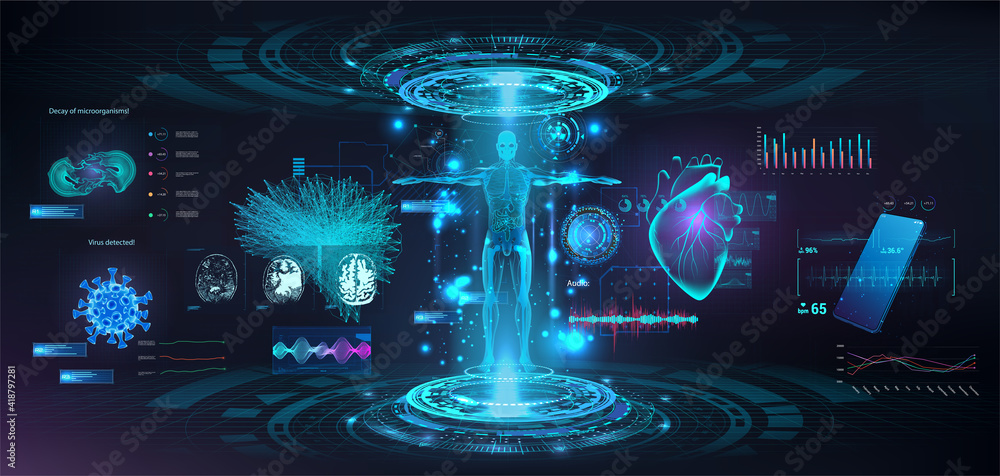Poster sci-fi medical hud ui elements for healthcare app. virtual graphic touch user interface. 3d body, ho