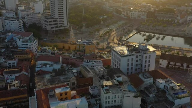 Torre del Reloj and Transcaribe sunrise reveal at Cartagena de Indias, Colombia - Sunrise Drone footage