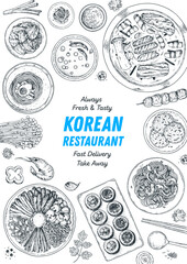 Korean food top view illustration. Hand drawn sketch. Bibimbap, kimchi, kimbap, noodles, skewers. Korean street food, take away menu design. Vector illustration.