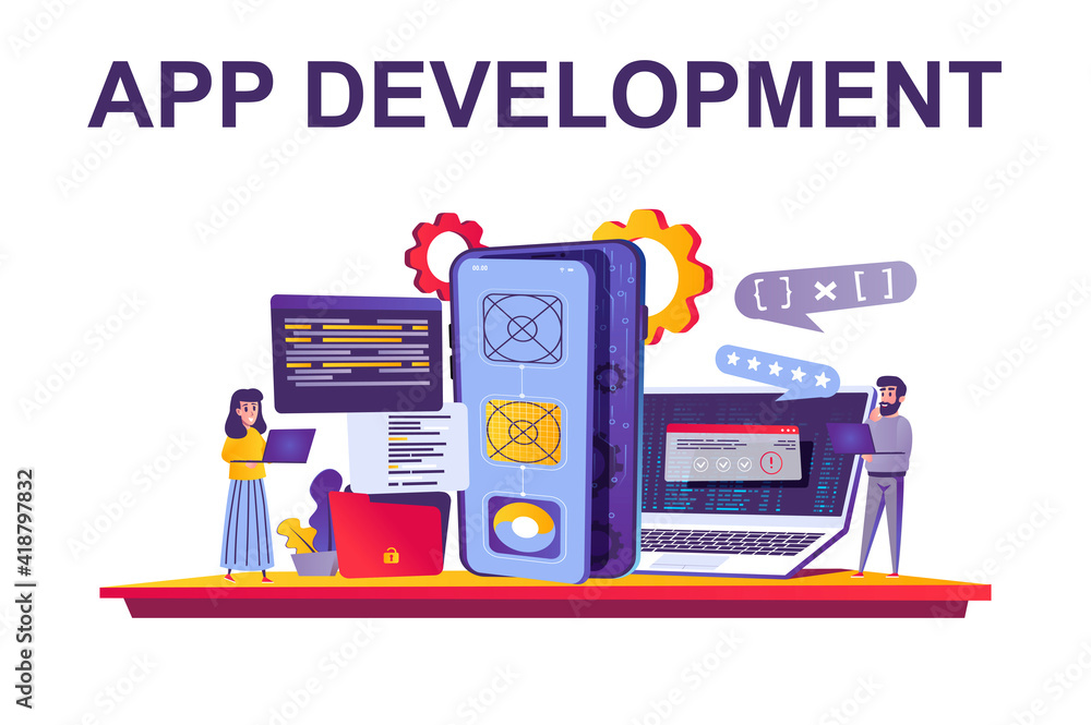 Poster App development web concept in flat style. People working, develop application, program coding, code processing, office teamwork scene. Vector illustration of cartoon characters for website design