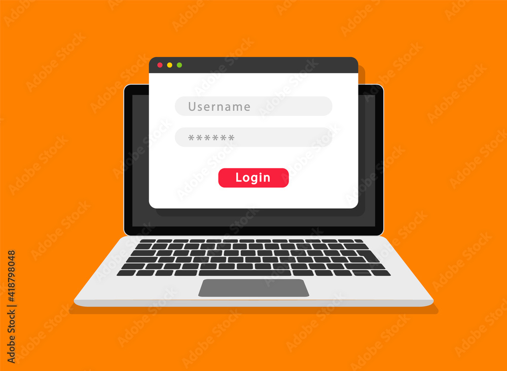 Poster login form on laptop screen. login and password form page. account login user. sign in to account. u