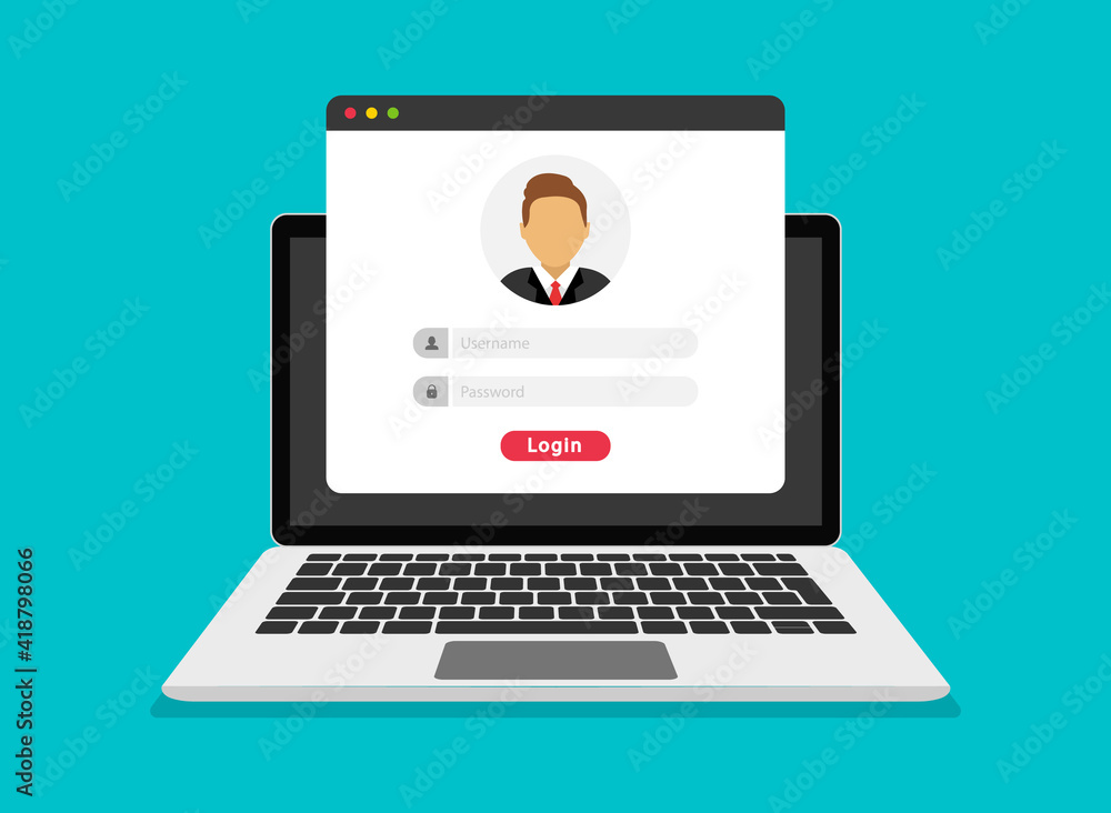 Aufkleber login form on laptop screen. login and password form page. account login user. sign in to account. u