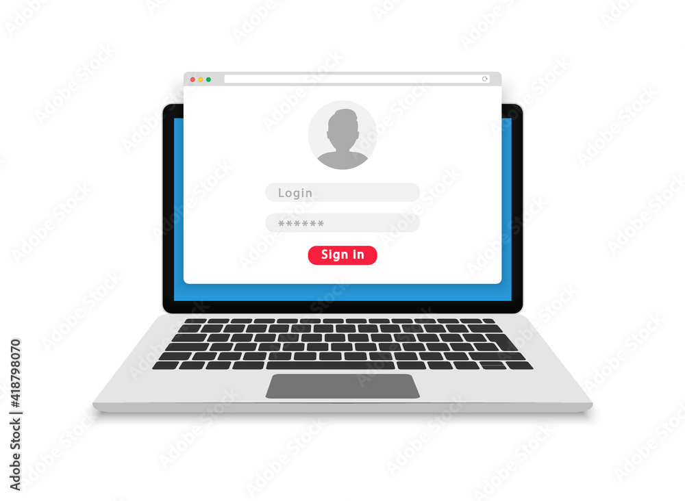 Poster login form on laptop screen. login and password form page. account login user. sign in to account. u