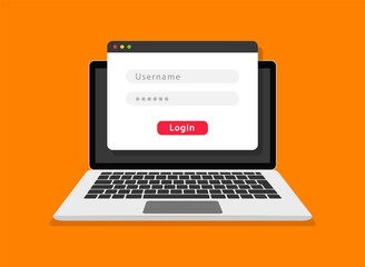 Login form on laptop screen. Login and password form page. Account login user. Sign in to account. Username and password fields for authorization. Flat design. Vector illustration.