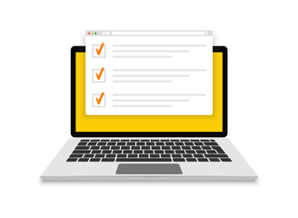 Online exam, checklist and online testing on laptop screen. Online surveys form on the computer screen. Flat design. Vector illustration. - obrazy, fototapety, plakaty