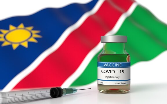 COVID 19 Vaccine approved and launched in Namibia. Corona Virus SARS CoV 2, 2021 nCoV vaccine delivery. Namibia flag on background and vaccine bottle. 3D illustration