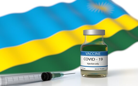 COVID 19 Vaccine approved and launched in Rwanda. Corona Virus SARS CoV 2, 2021 nCoV vaccine delivery. Rwanda flag on background and vaccine bottle. 3D illustration