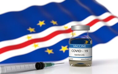 COVID 19 Vaccine approved and launched in Cape Verde. Corona Virus SARS CoV 2, 2021 nCoV vaccine delivery. Cape Verde flag on background and vaccine bottle. 3D illustration