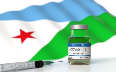 COVID 19 Vaccine approved and launched in Djibouti. Corona Virus SARS CoV 2, 2021 nCoV vaccine delivery. Djibouti flag on background and vaccine bottle. 3D illustration