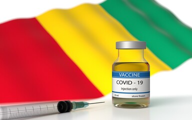 COVID 19 Vaccine approved and launched in Guinea. Corona Virus SARS CoV 2, 2021 nCoV vaccine delivery. Guinea flag on background and vaccine bottle. 3D illustration