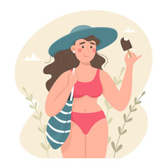 Cute girl with beach bag in swimsuit and hat eating ice cream, summer and bathing season. Vector illustration in cartoon style.